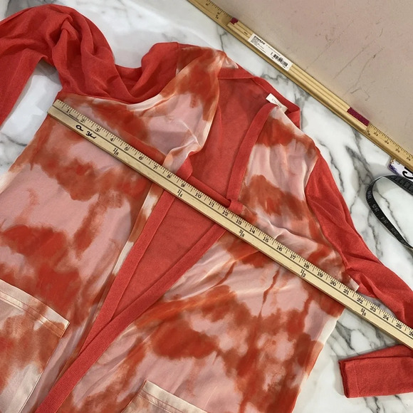 Chico's Cardigan Women Sz 2 Large Coral Orange Watercolor Chiffon Open Front - Picture 7 of 9